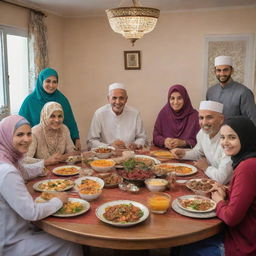 A warm and vibrant poster of a large Muslim family with seven members - a grandmother, grandfather, mother, father, aunt, uncle, and a 12-year-old boy. They are happily gathered around a dining table, passionately preparing for Iftar together.