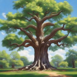 A detailed and realistic depiction of a large tree in a natural setting, with lush green leaves and a strong, sturdy trunk