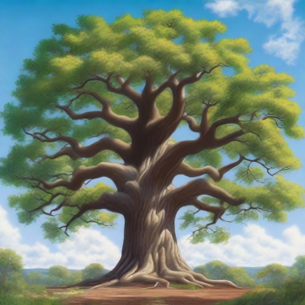 A detailed and realistic depiction of a large tree in a natural setting, with lush green leaves and a strong, sturdy trunk