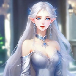 An anime-style elf with long silver hair and blue eyes, dressed in elegant modern fashion