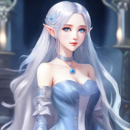 An anime-style elf with long silver hair and blue eyes, dressed in elegant modern fashion