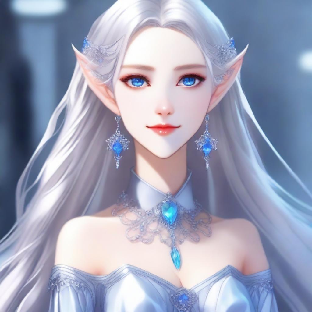 An anime-style elf with long silver hair and blue eyes, dressed in elegant modern fashion