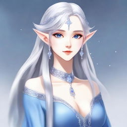 An anime-style elf with long silver hair and blue eyes, dressed in elegant modern fashion