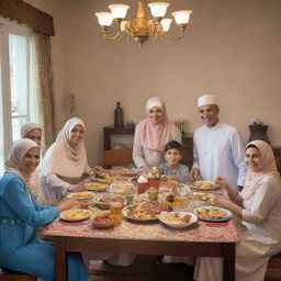 A warm and vibrant poster of a large Muslim family with seven members - a grandmother, grandfather, mother, father, aunt, uncle, and a 12-year-old boy. They are happily gathered around a dining table, passionately preparing for Iftar together.