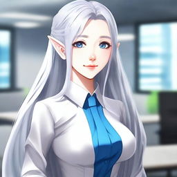 An anime-style elf with long silver hair and blue eyes, dressed in modern office fashion