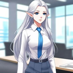 An anime-style elf with long silver hair and blue eyes, dressed in modern office fashion