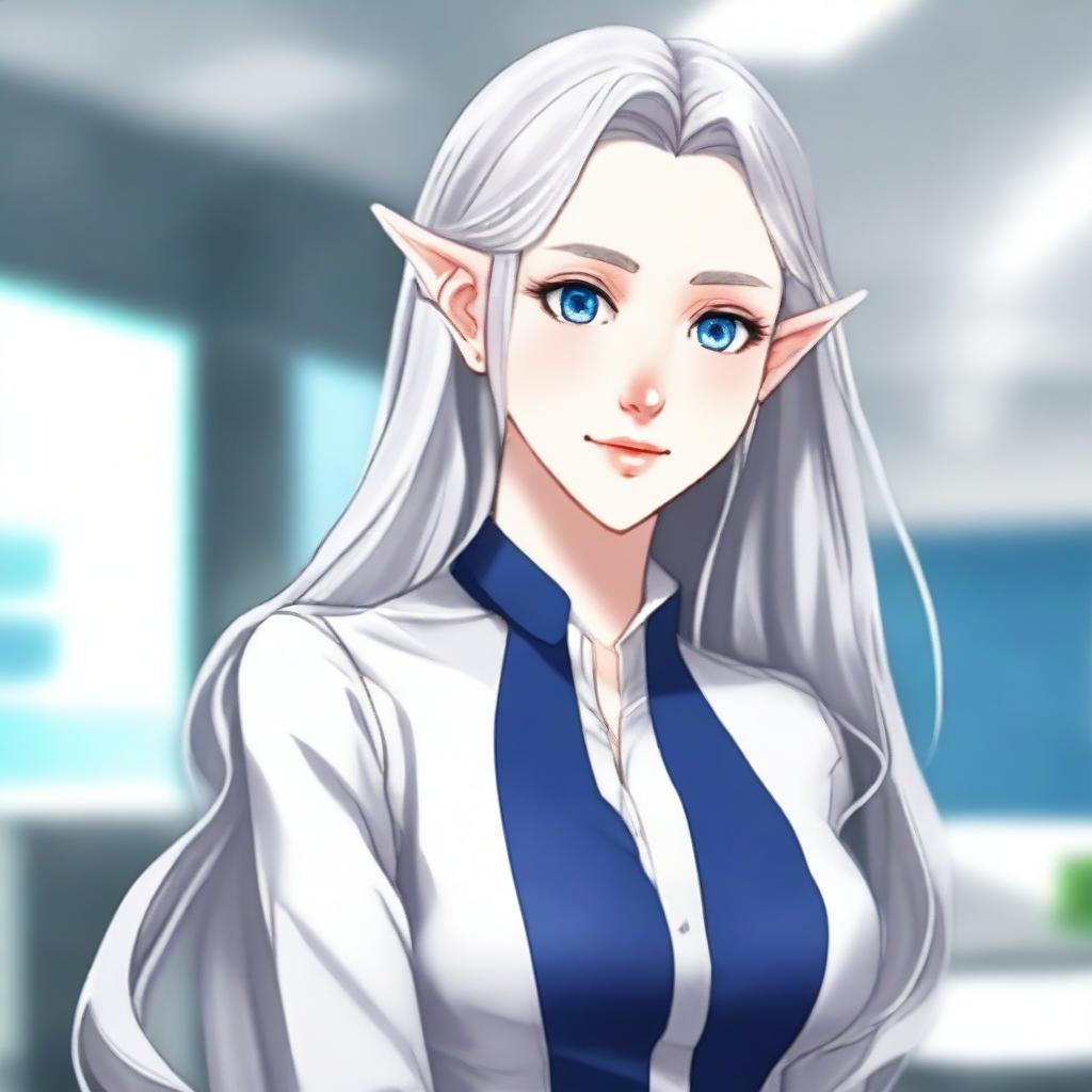 An anime-style elf with long silver hair and blue eyes, dressed in modern office fashion