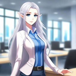 An anime-style elf with long silver hair and blue eyes, dressed in modern office fashion