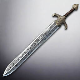 A detailed and ornate sword with a gleaming blade, intricate hilt design, and an ancient, mystical aura