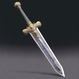 A detailed and ornate sword with a gleaming blade, intricate hilt design, and an ancient, mystical aura