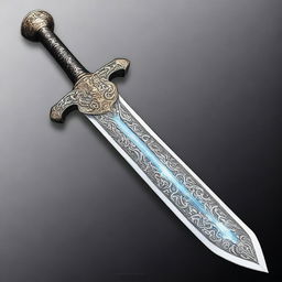 A detailed and ornate sword with a gleaming blade, intricate hilt design, and an ancient, mystical aura