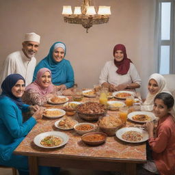 A warm and vibrant poster of a large Muslim family with seven members - a grandmother, grandfather, mother, father, aunt, uncle, and a 12-year-old boy. They are happily gathered around a dining table, passionately preparing for Iftar together.