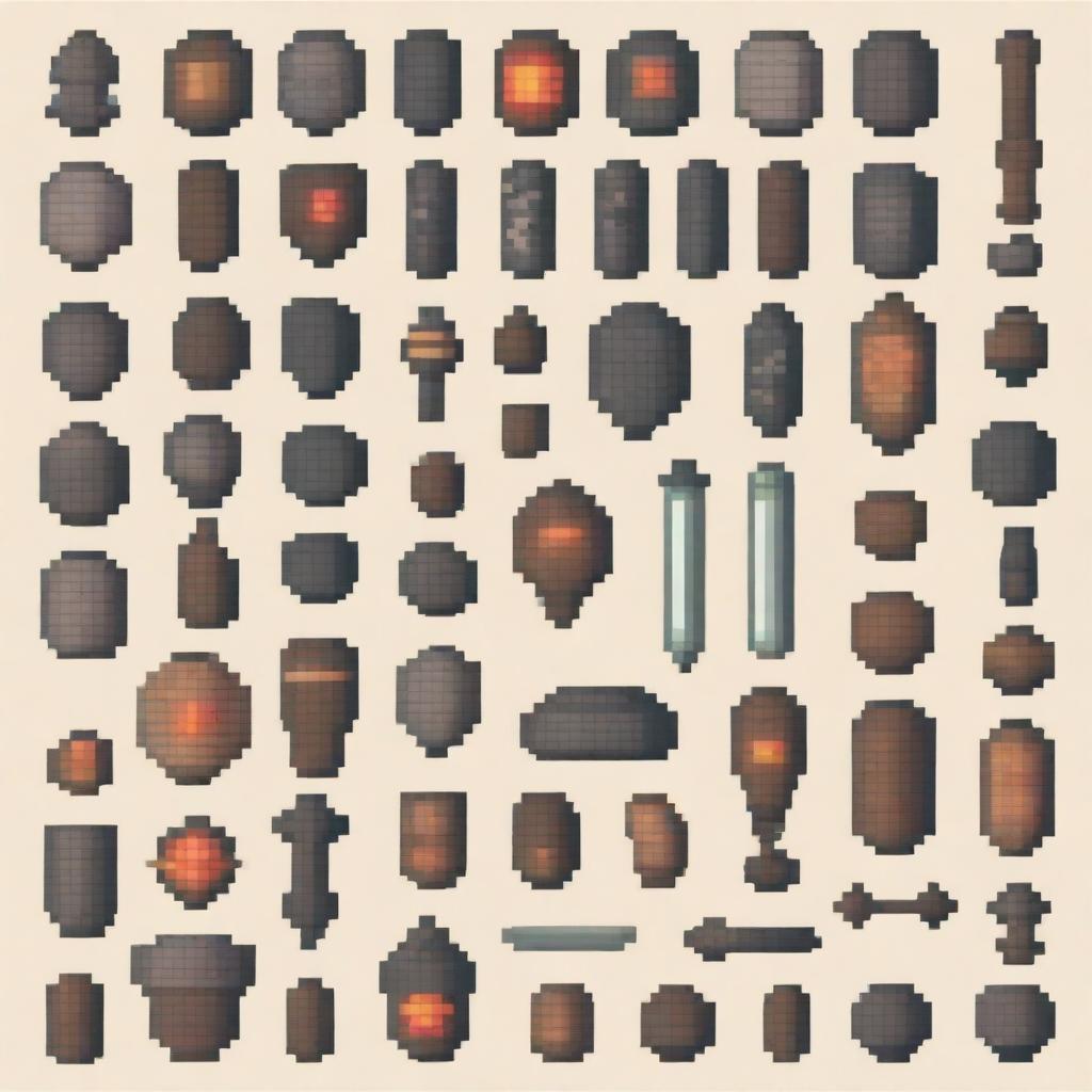 Create a detailed spritesheet of game assets in medieval pixel art style