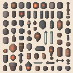 Create a detailed spritesheet of game assets in medieval pixel art style