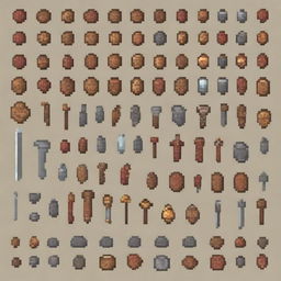 Create a detailed spritesheet of game assets in medieval pixel art style