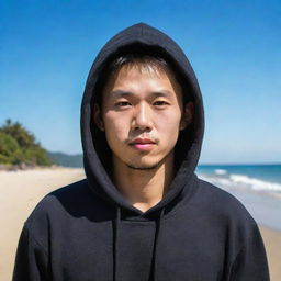 High definition, high contrast 4D caricature of a Korean man in a hoodie standing on a beach, with a vibrant Balinese background.