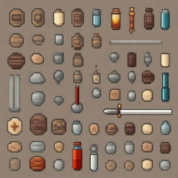 Create a detailed spritesheet of game assets in medieval pixel art style