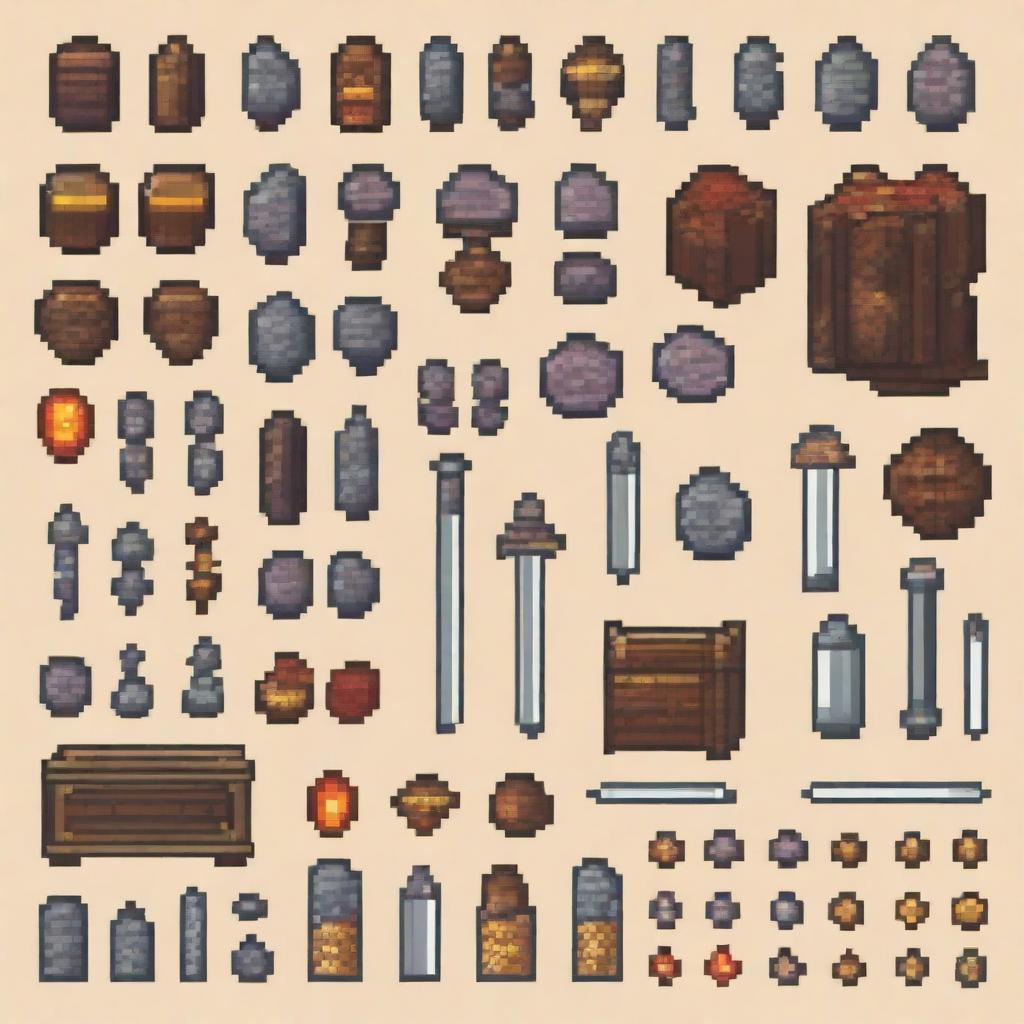 Create a detailed spritesheet of game assets in medieval pixel art style