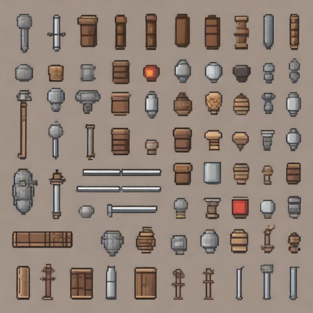 Create a detailed spritesheet of game assets in a medieval pixel art style