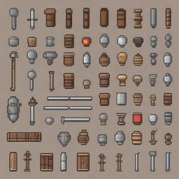 Create a detailed spritesheet of game assets in a medieval pixel art style