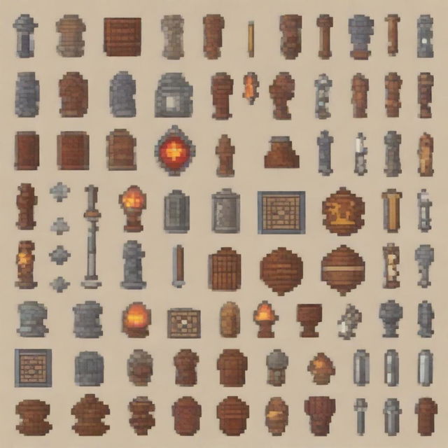 Create a detailed spritesheet of game assets in a medieval pixel art style