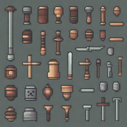 Create a detailed spritesheet of game assets in a medieval pixel art style