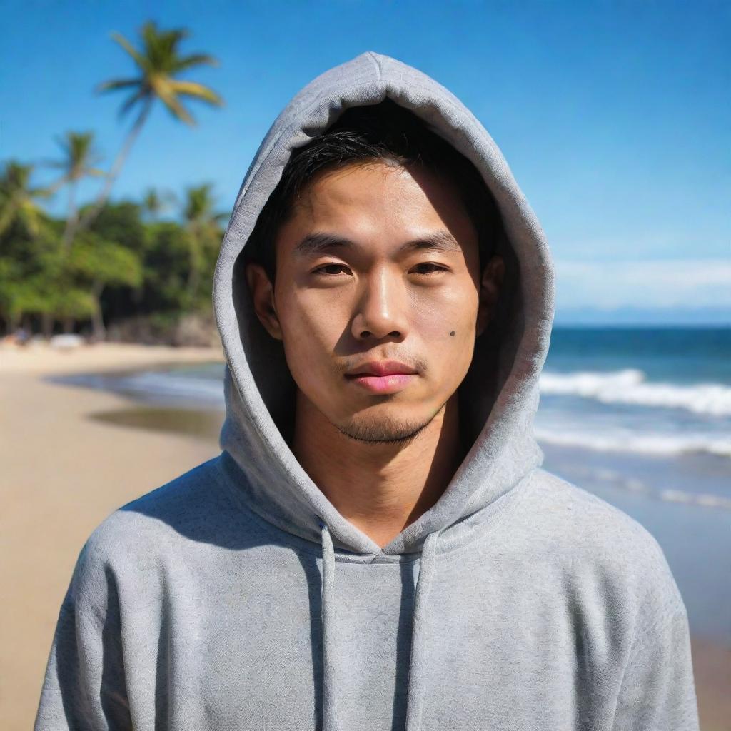 High definition, high contrast 4D caricature of a Korean man in a hoodie standing on a beach, with a vibrant Balinese background.