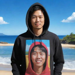 High definition, high contrast 4D caricature of a Korean man in a hoodie standing on a beach, with a vibrant Balinese background.