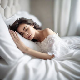 Create an image of a beautiful woman lying on a soft, white bed