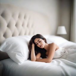 Create an image of a beautiful woman lying on a soft, white bed