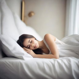 Create an image of a beautiful woman lying on a soft, white bed