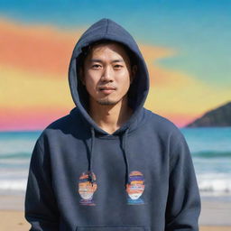 High definition, high contrast 4D caricature of a Korean man in a hoodie standing on a beach, with a vibrant Balinese background.