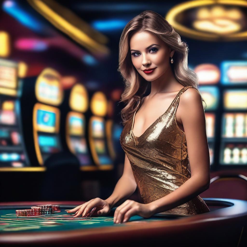 A stylish and glamorous woman in a casino setting, wearing a chic and elegant dress, exuding confidence and allure