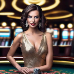 A stylish and glamorous woman in a casino setting, wearing a chic and elegant dress, exuding confidence and allure