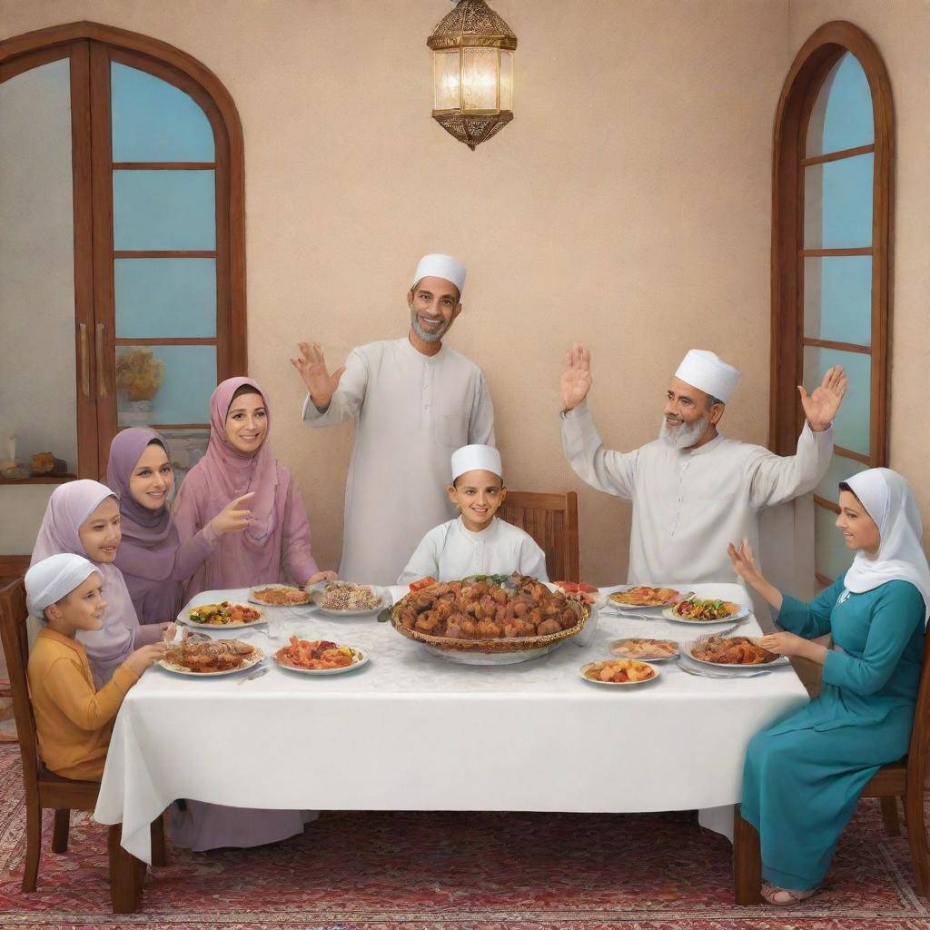 Illustrative poster of a seven-member Muslim family including a grandmother, grandfather, mother, father, aunt, uncle, and 12-year-old boy. They are happily dining together in preparation for Iftar. The father is standing with one hand in the air. Specifically styled for a children's illustration.