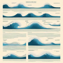 A detailed and visually appealing illustration of various types of waves for a physics project