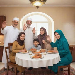 Illustrative poster of a seven-member Muslim family including a grandmother, grandfather, mother, father, aunt, uncle, and 12-year-old boy. They are happily dining together in preparation for Iftar. The father is standing with one hand in the air. Specifically styled for a children's illustration.