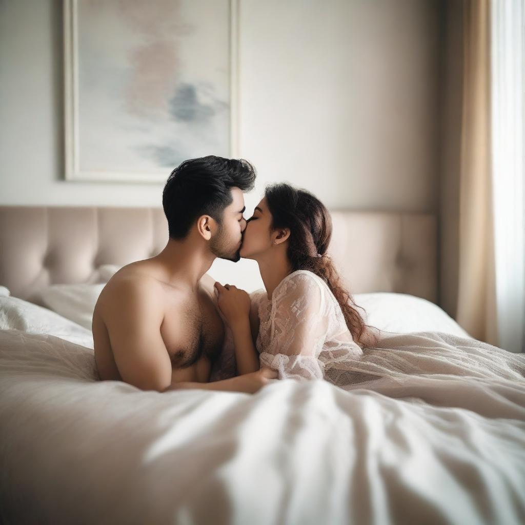 A scene depicting two people kissing on the bed