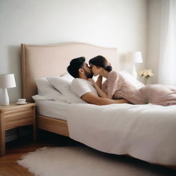 A scene depicting two people kissing on the bed