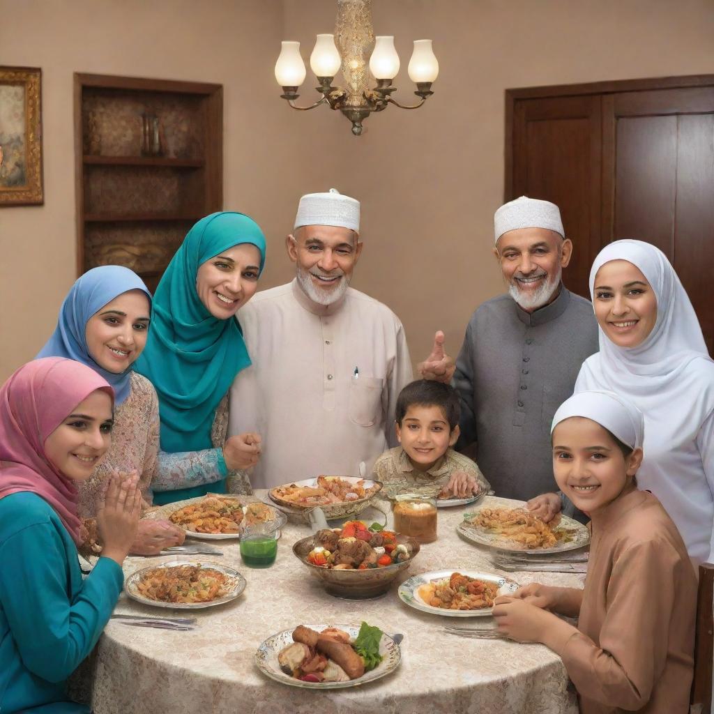 Illustrative poster of a seven-member Muslim family including a grandmother, grandfather, mother, father, aunt, uncle, and 12-year-old boy. They are happily dining together in preparation for Iftar. The father is standing with one hand in the air. Specifically styled for a children's illustration.