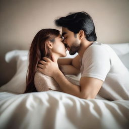 A scene depicting two people kissing on the bed