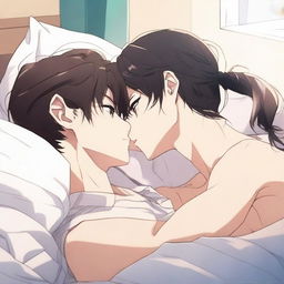 An anime-style scene depicting two characters kissing on the bed