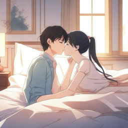 An anime-style scene depicting two characters kissing on the bed