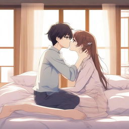 An anime-style scene depicting two characters kissing on the bed