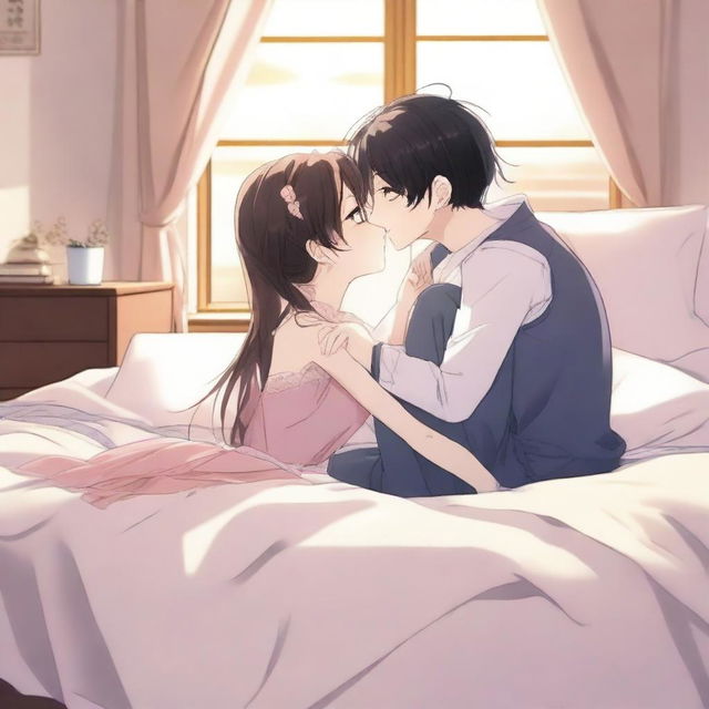 An anime-style scene depicting two characters kissing on the bed