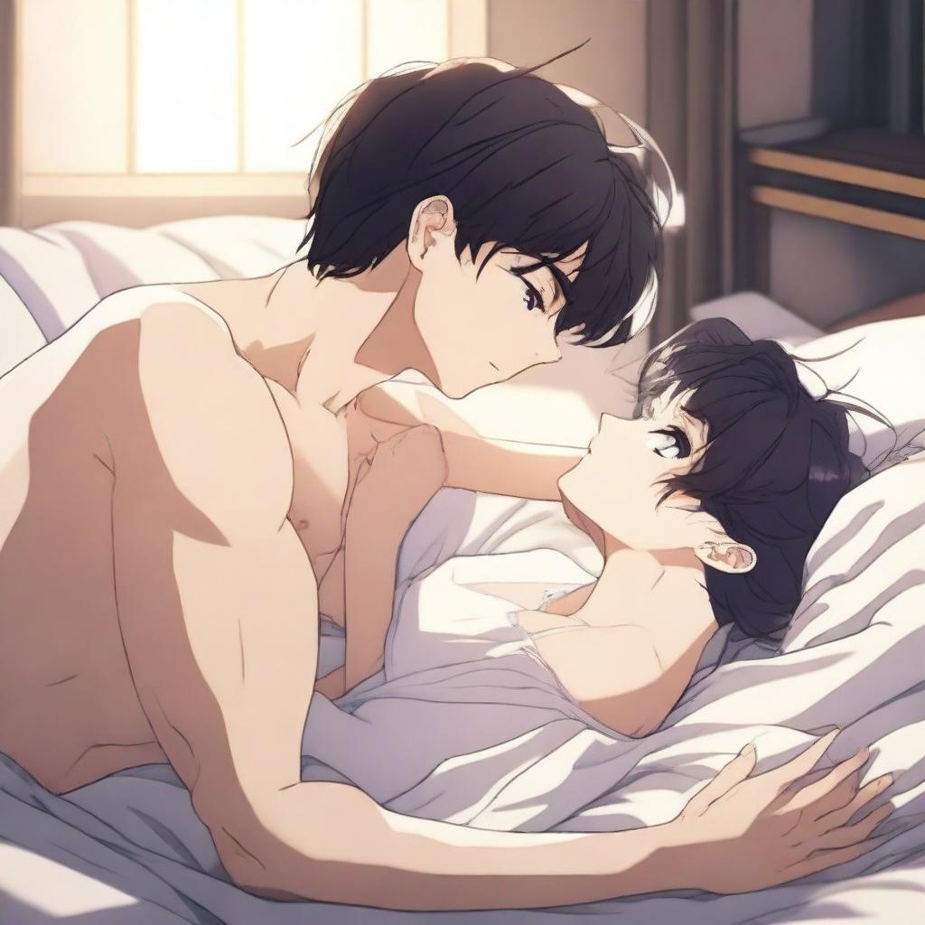 A sensual anime-style scene depicting two characters kissing on the bed