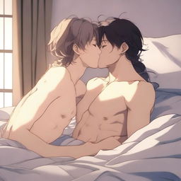 A sensual anime-style scene depicting two characters kissing on the bed