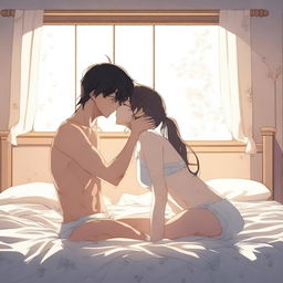 A sensual anime-style scene depicting two characters kissing on the bed