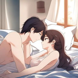 A sensual anime-style scene depicting two characters kissing on the bed