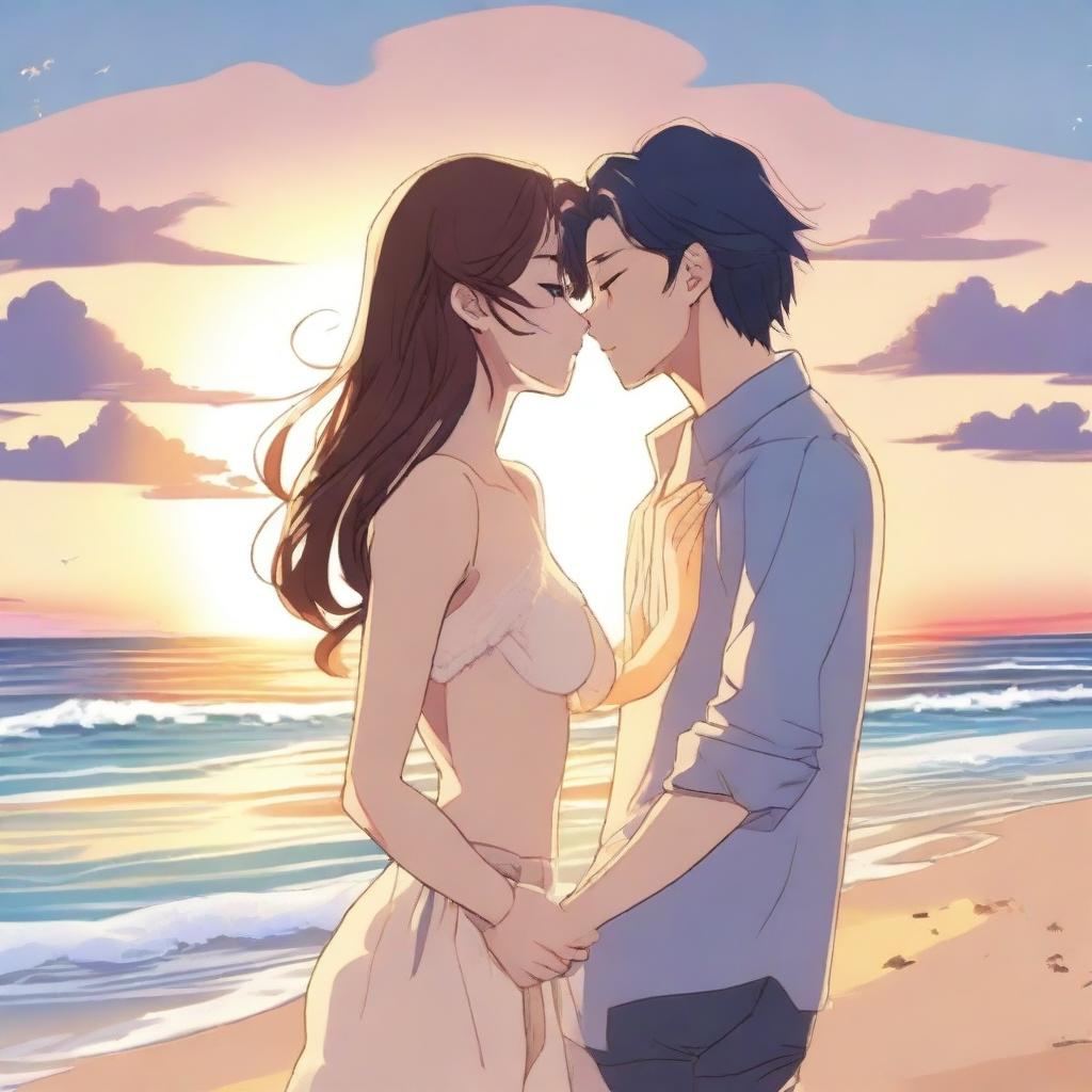 A sensual anime-style scene depicting two characters kissing on the beach